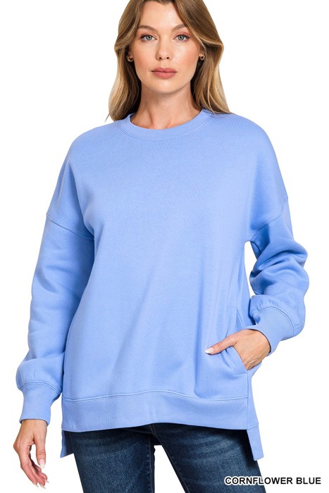ZENANA- Fleece Hi-low Boyfriend Sweatshirt With Pockets