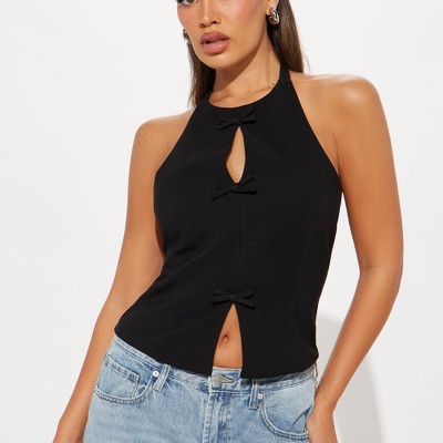 Ribbon Front Halter Neck Crop Top