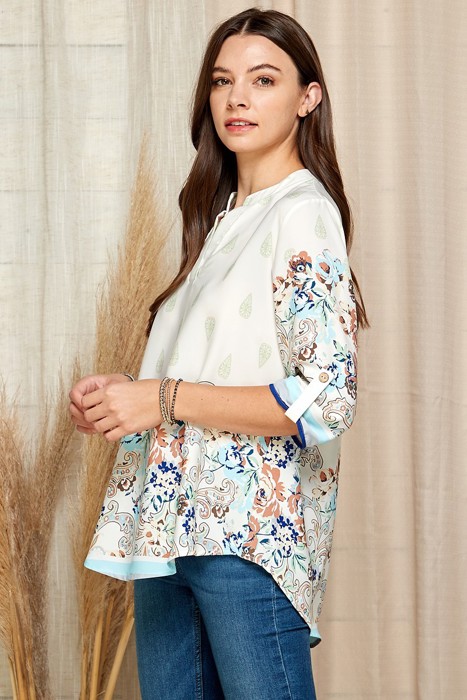 MULTI FLORAL GABBY COLLAR ROLL UP SLEEVE TOP