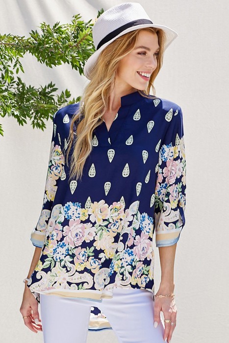 MULTI FLORAL GABBY COLLAR ROLL UP SLEEVE TOP