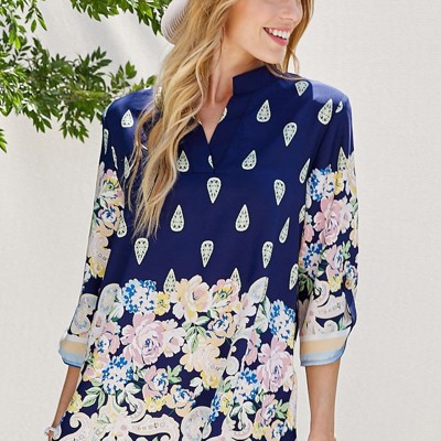 MULTI FLORAL GABBY COLLAR ROLL UP SLEEVE TOP