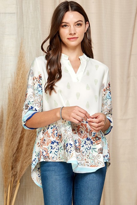 MULTI FLORAL GABBY COLLAR ROLL UP SLEEVE TOP