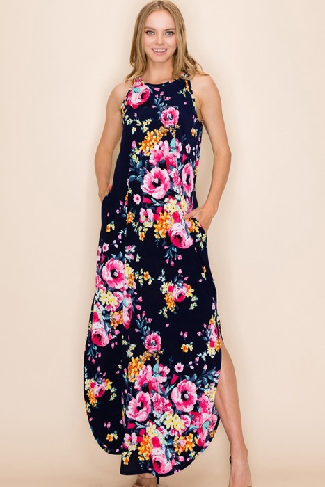 PLUS SIZE FLORAL PRINT MAXI SLIT DRESS