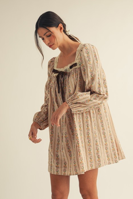 Neutral Floral Dress with Bow 