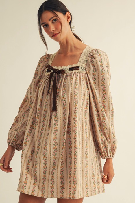 Neutral Floral Dress with Bow 