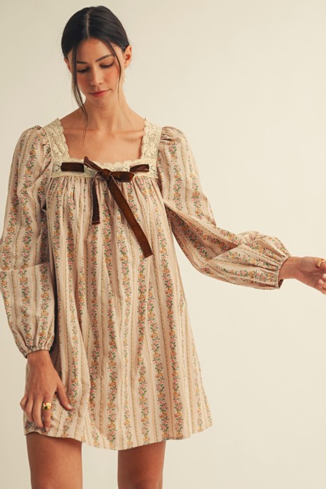 Neutral Floral Dress with Bow 