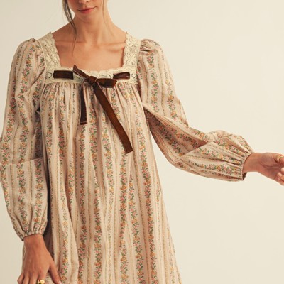 Neutral Floral Dress with Bow 