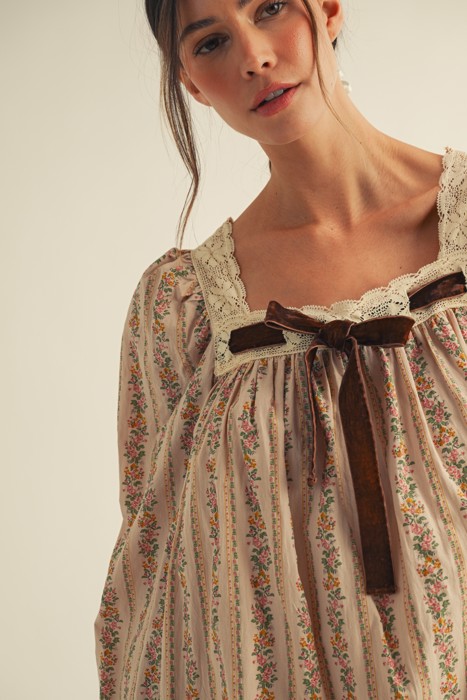 Neutral Floral Dress with Bow 