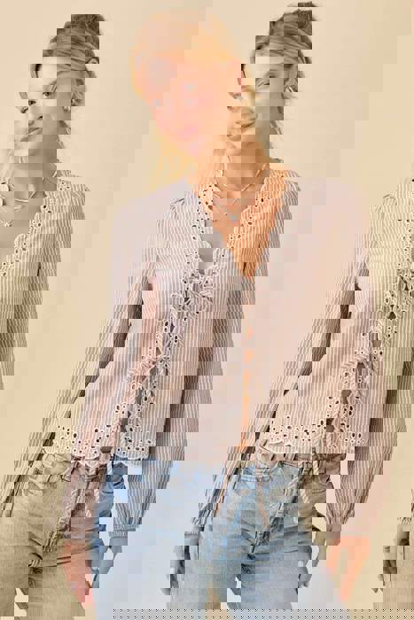 V-neck Scallop Embroidered Top With Front Tie