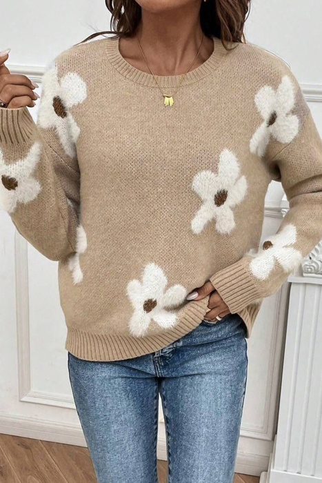 Flower Ribbed Trim Crew Neck Sweater