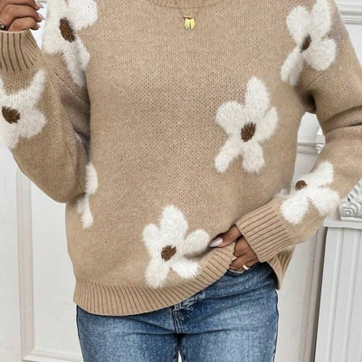Flower Ribbed Trim Crew Neck Sweater