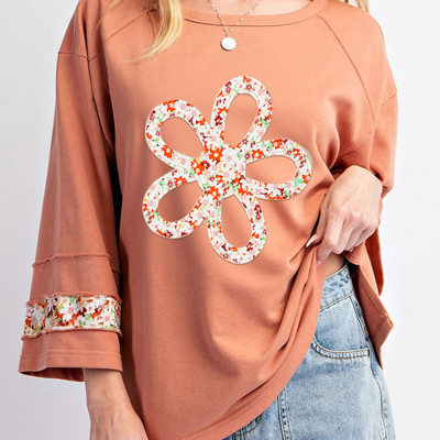 Flower Patch Graphic Exposed Seam Wide Sleeve Top