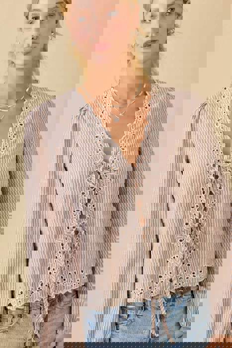 V-neck Scallop Embroidered Top With Front Tie