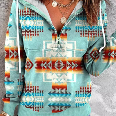 Aztec Drawstring Zipper Hoodie