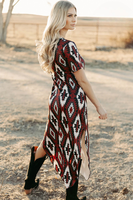 Western Aztec Printed Long T-shirt Dress