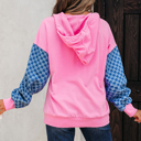  Checkered Patchwork Kangaroo Pocket Half Zipper Hoodie