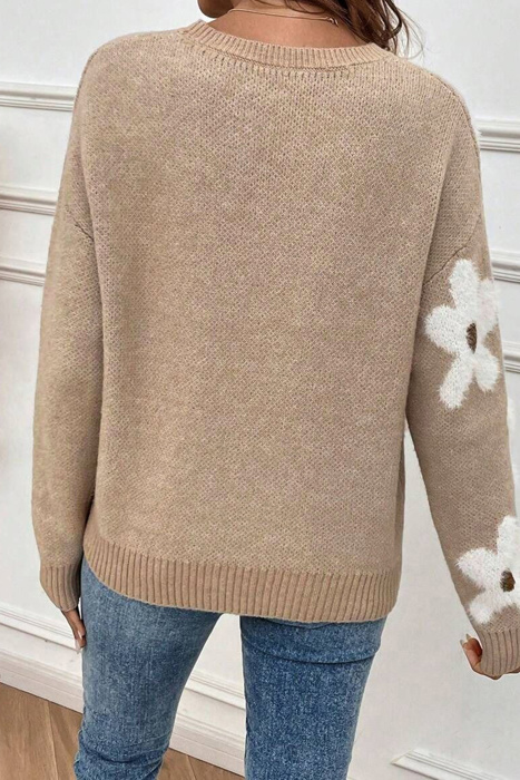 Flower Ribbed Trim Crew Neck Sweater