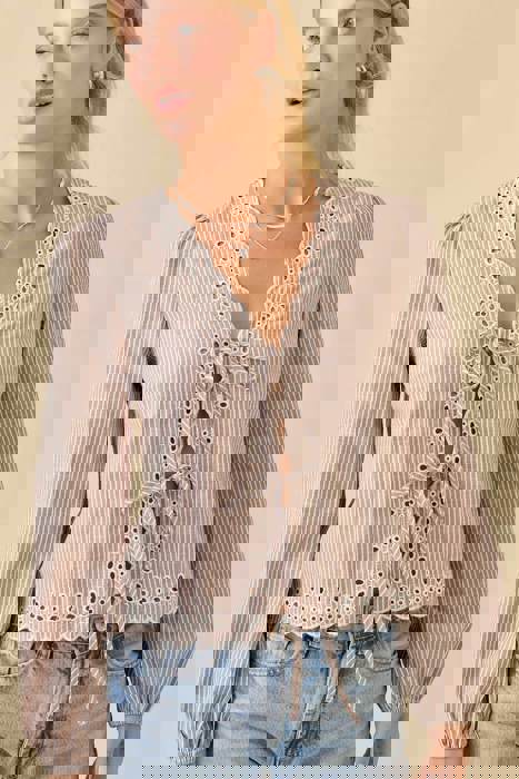 V-neck Scallop Embroidered Top With Front Tie