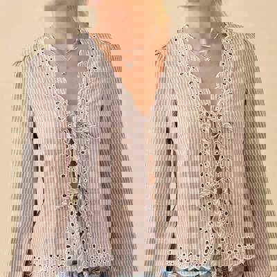 V-neck Scallop Embroidered Top With Front Tie