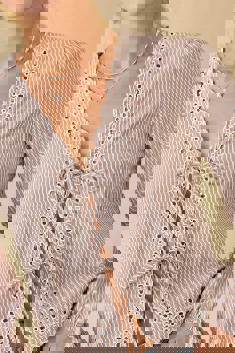 V-neck Scallop Embroidered Top With Front Tie