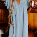  V Neck Pleated Ruffle Detail Short Shift Dress