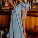  V Neck Pleated Ruffle Detail Short Shift Dress