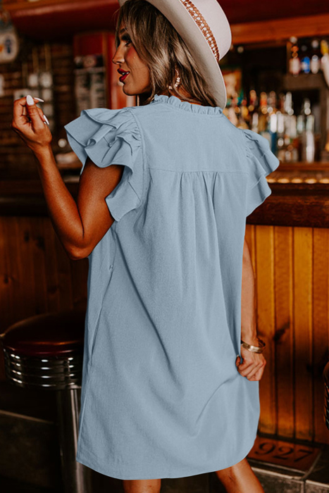 V Neck Pleated Ruffle Detail Short Shift Dress