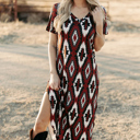  Western Aztec Printed Long T-shirt Dress