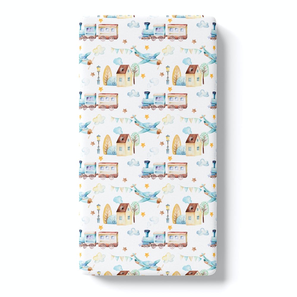 Fitted Crib Sheet - Airplane & Train