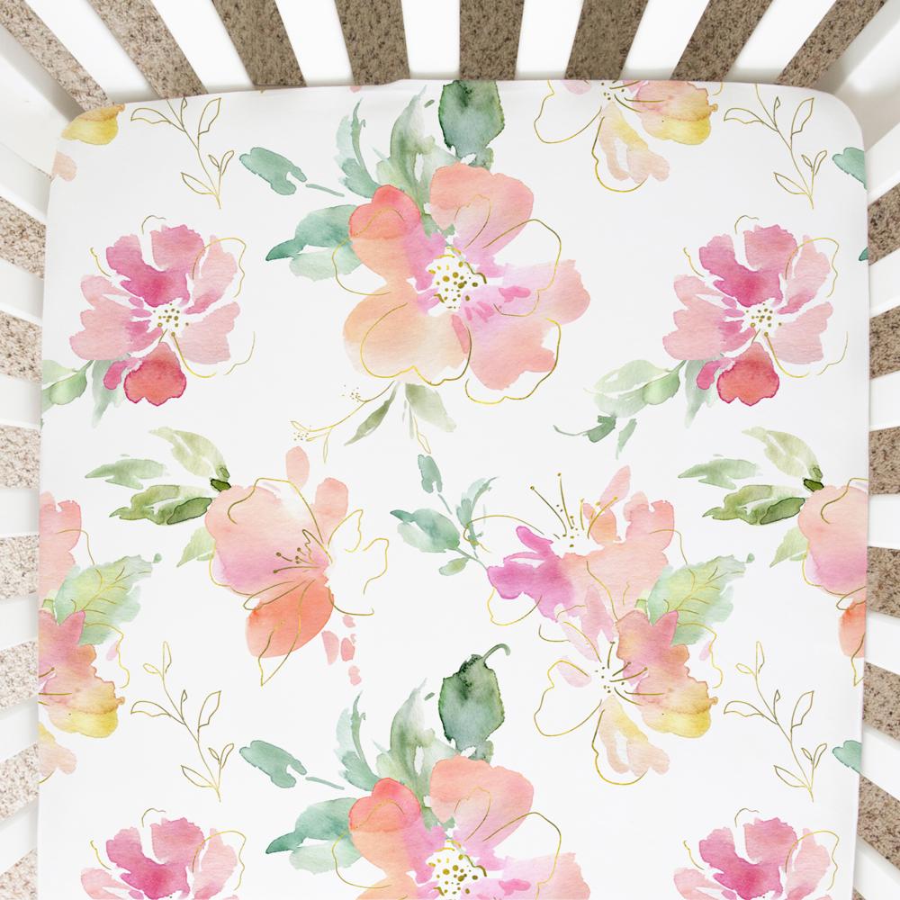 Fitted Crib Sheet - Pink & Gold Floral