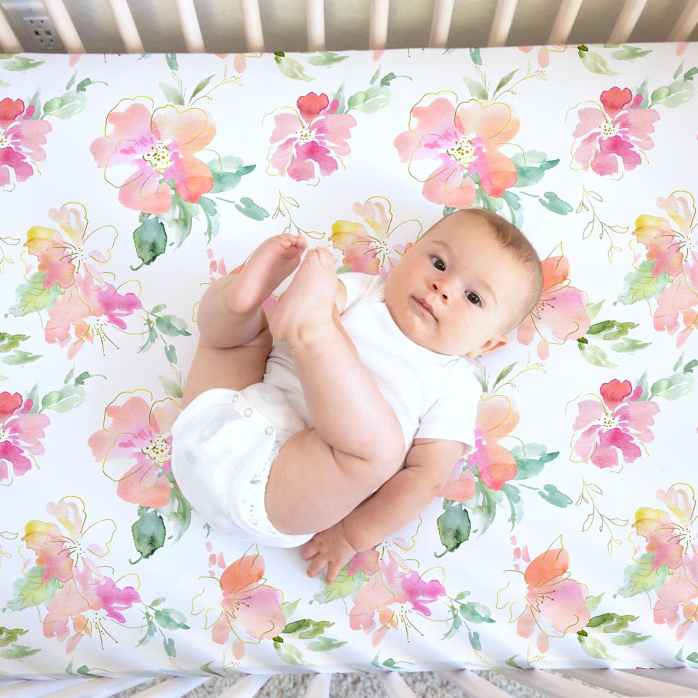 Fitted Crib Sheet - Pink & Gold Floral