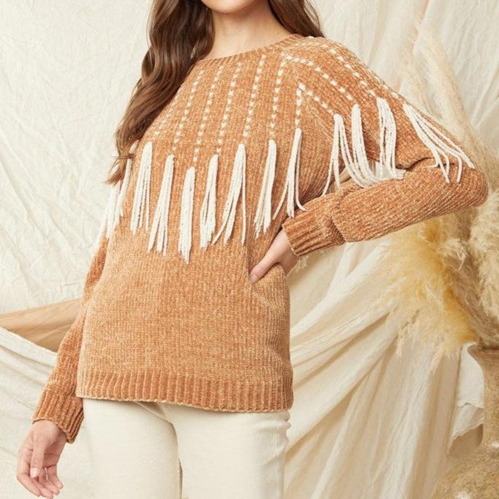 Chenille Chevron Fringe Sweater