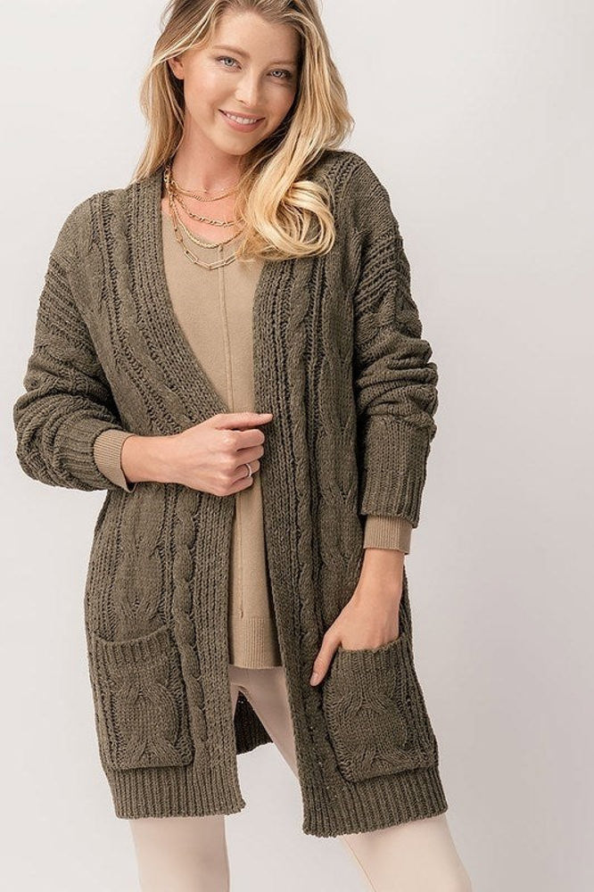 Chenille Cable Knit Ribbed Open Front Cardigan / 9 Colors