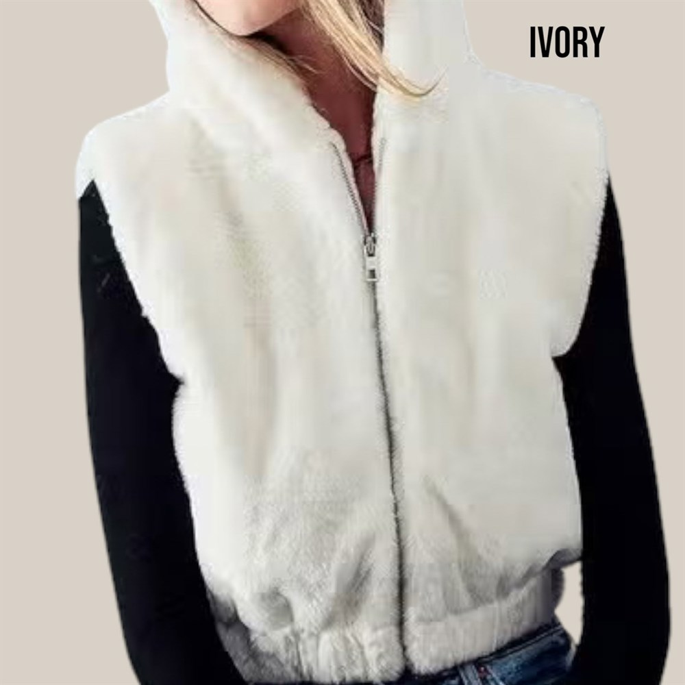 Plush Hooded Zip-Up Vest with Pockets