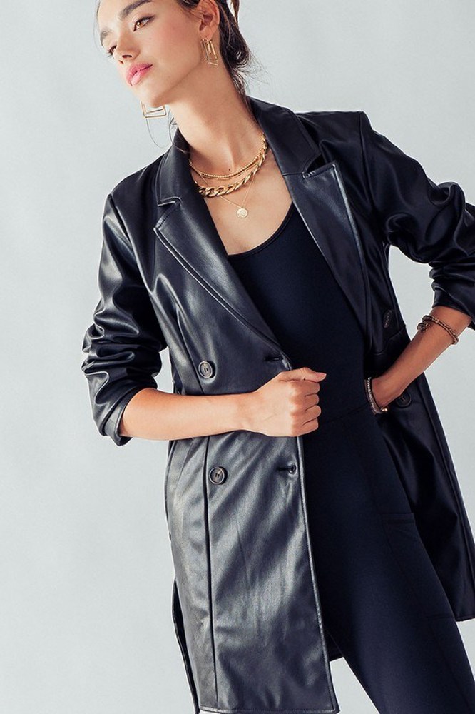 Longer Double Breasted Faux Leather Coat