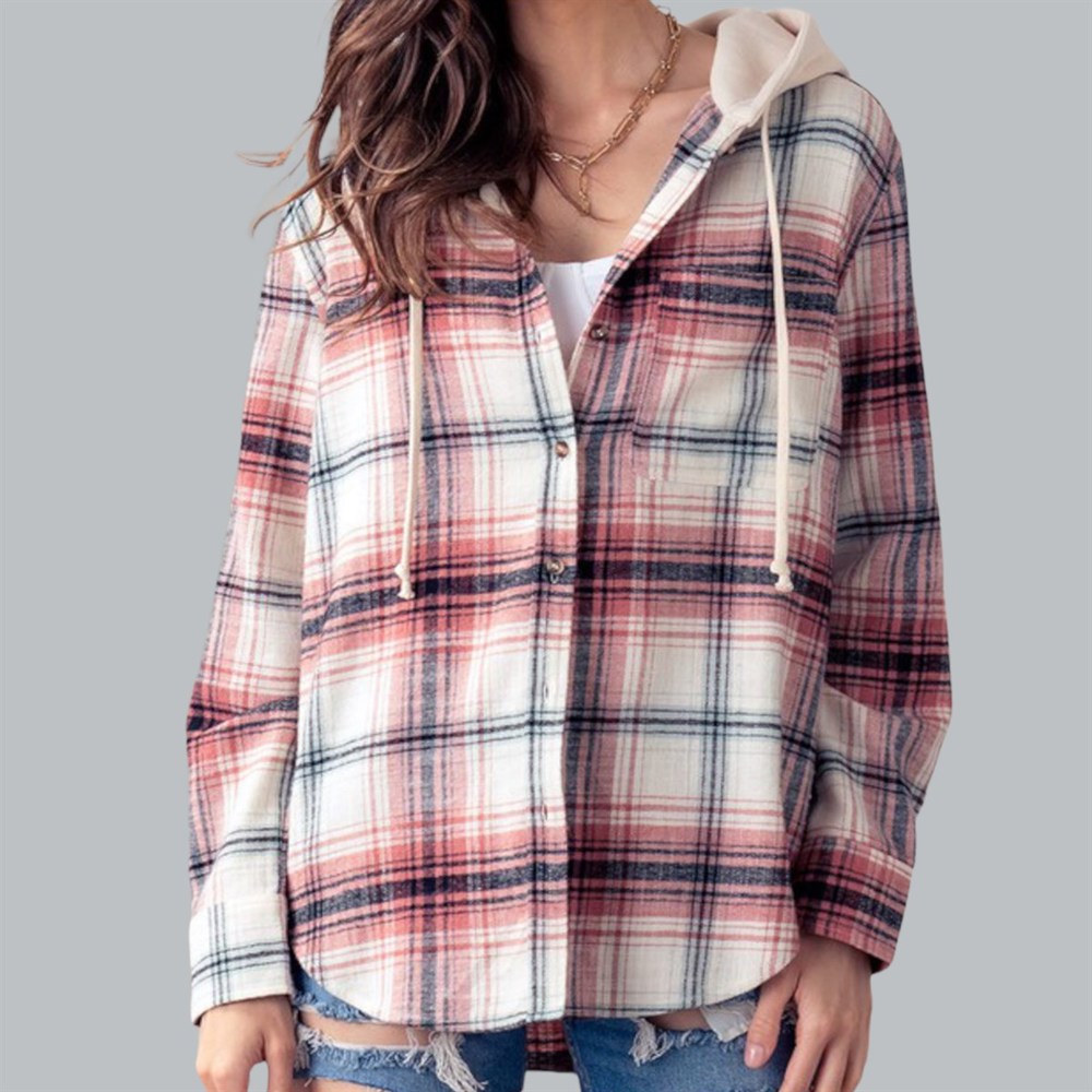 Pocketed Plaid Hooded Shirt