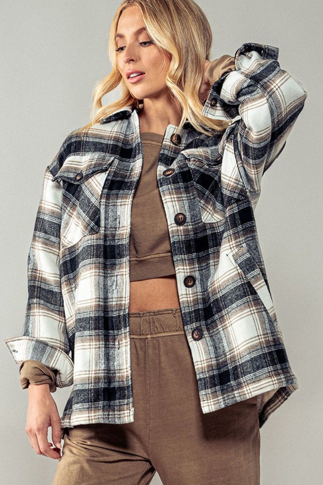 Checkered Sherpa-Lined Oversized Buttoned Jacket