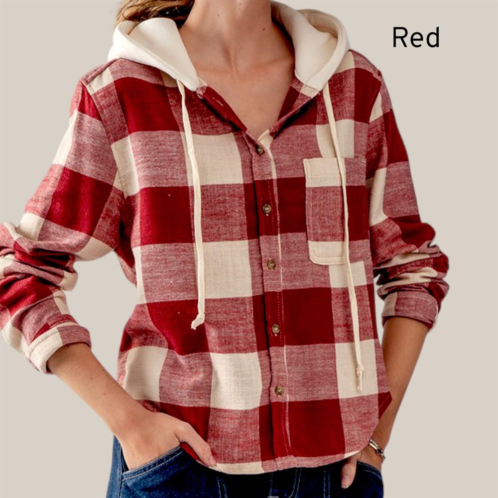 Hooded Button Down Buffalo Plaid Flannel Shirt