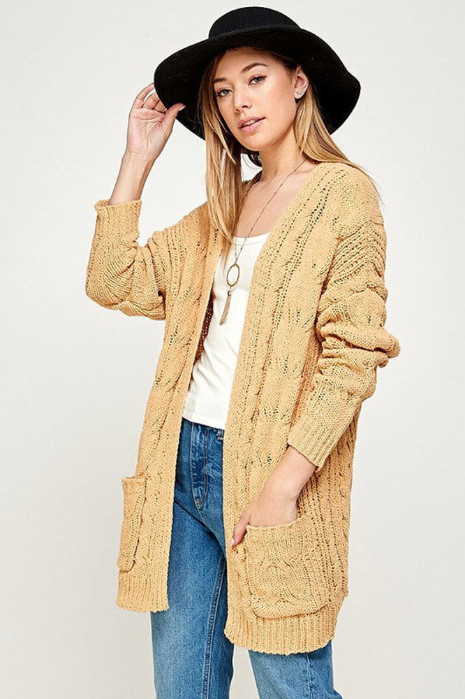 Chenille Cable Knit Ribbed Open Front Cardigan / 9 Colors