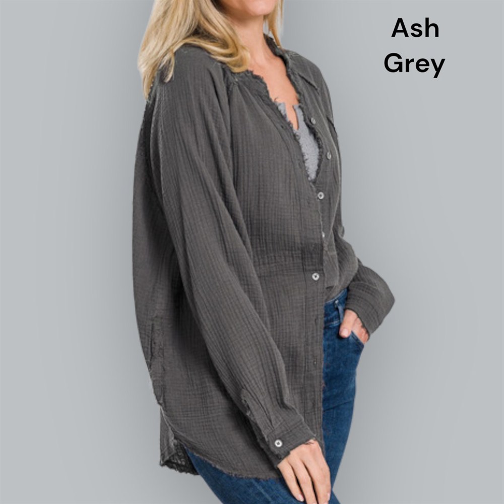 Oversized Raw Edge Frayed Hem Button Down Gauze Shirt