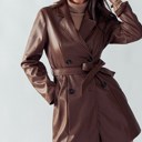 Brown Large Longer Double Breasted Faux Leather Coat