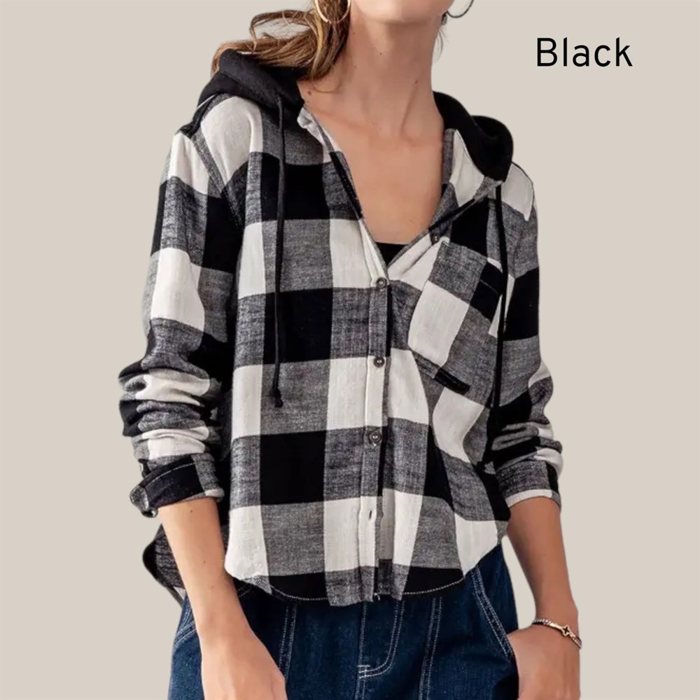 Hooded Button Down Buffalo Plaid Flannel Shirt