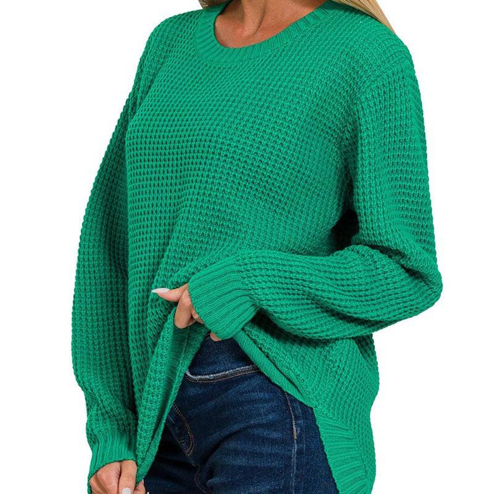 Rounded Hem Hi-Low Waffle Sweater