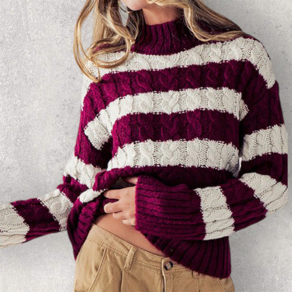 Striped Cable Knit Pullover Sweater