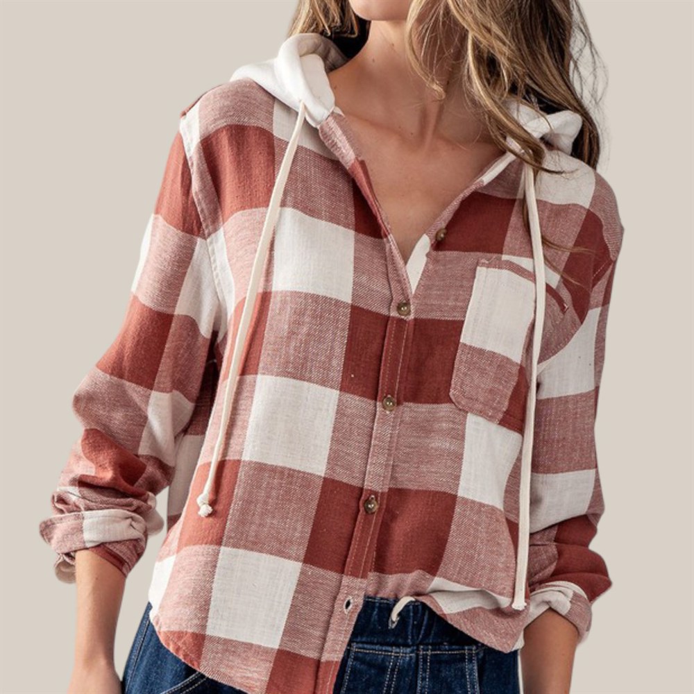 Hooded Button Down Buffalo Plaid Flannel Shirt