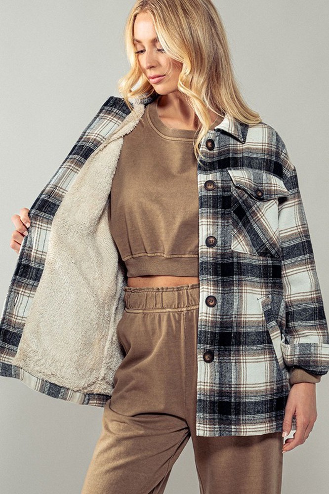 Checkered Sherpa-Lined Oversized Buttoned Jacket