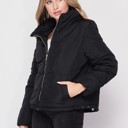 Black Small Chevron Quilted Pocketed Puffer Jacket