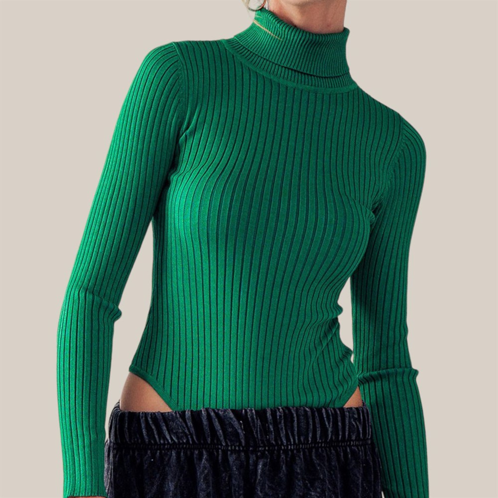 Rib Sweater Knit Turtle Neck Bodysuit / S-XL