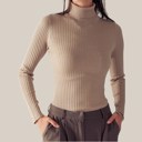 Khaki Small Rib Sweater Knit Turtle Neck Bodysuit / S-XL