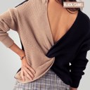 Black-Camel Large Twist Back Sweater